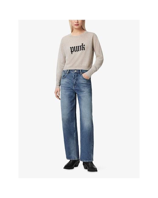 AllSaints White Deetz Crewneck Slogan-Print Cotton Jumper