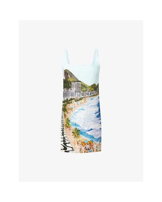 Farm Rio Blue Copacabana Scenic-Print Linen Mini Dress