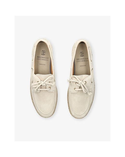 Brunello Cucinelli Natural Lace-Up Suede Boat Shoes for men