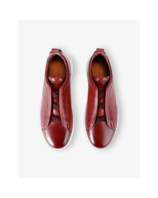 Zegna Red Triple-Stitch Low-Top Leather Trainers for men