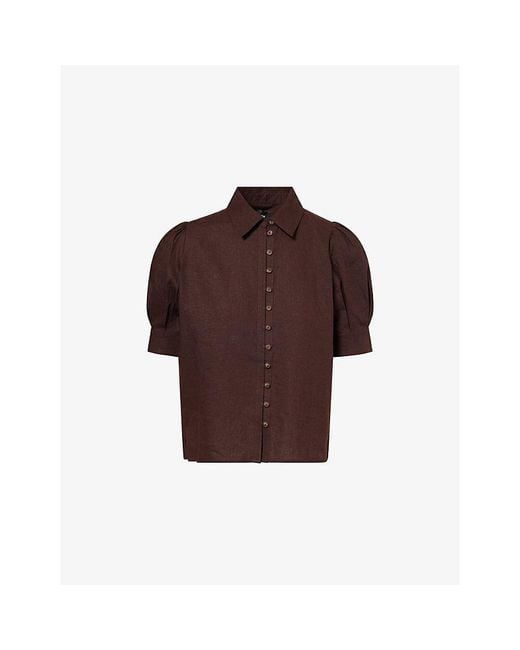 ME+EM Brown Crease-Less Pouf-Sleeve Linen-Blend Top
