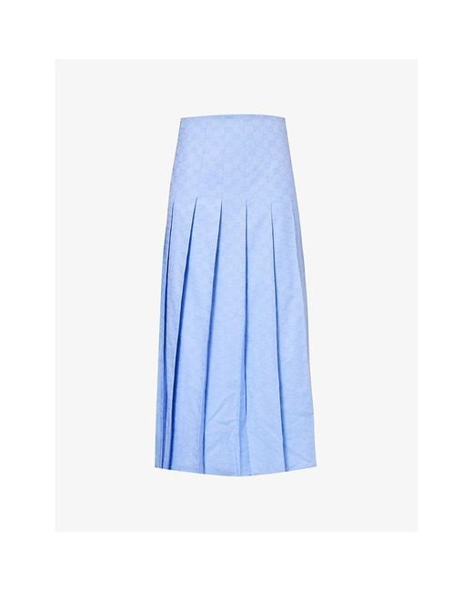 Gucci Blue Monogram-pattern Pleated Cotton Midi Skirt