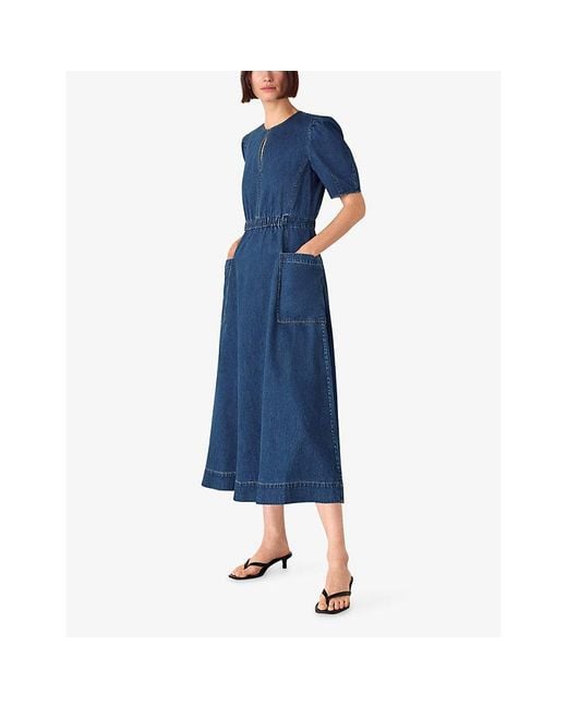 Whistles Blue Short-Sleeve Denim Midi Dress