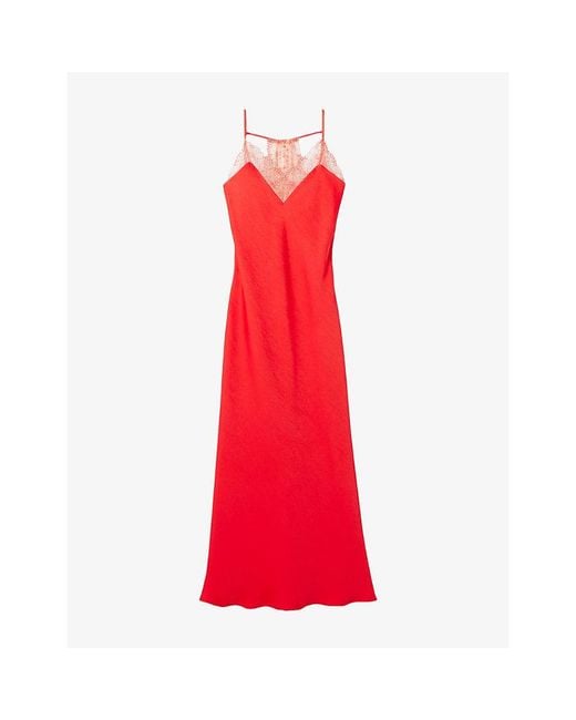 Claudie Pierlot Red Sleeveless Lace-Trim Satin Maxi Dress