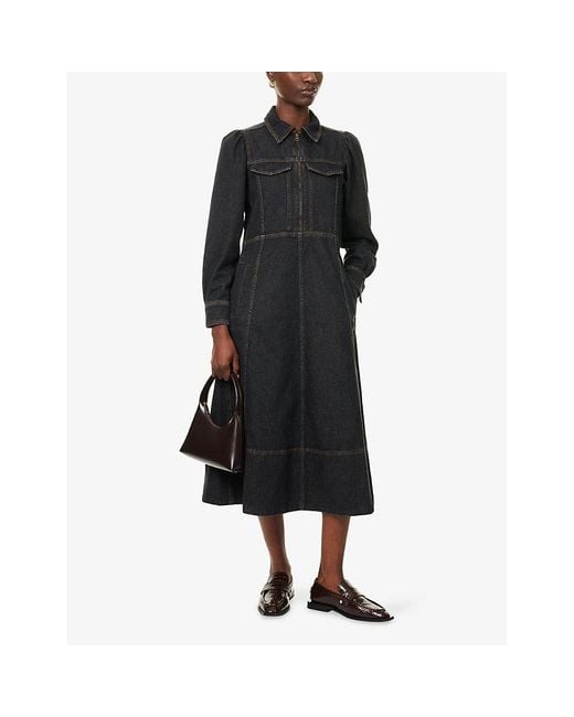 ME+EM Black Classic-Collar Zip-Front Denim Midi Dress