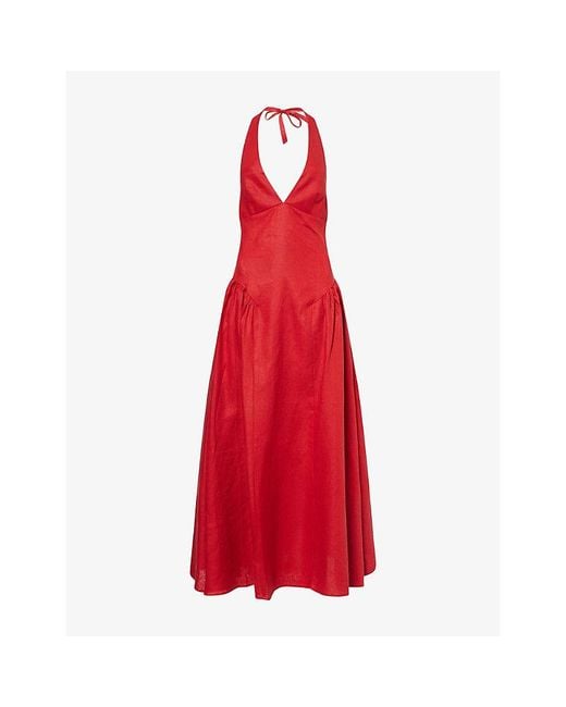 Faithfull The Brand Red La Cala Halter-Neck Linen Midi Dress