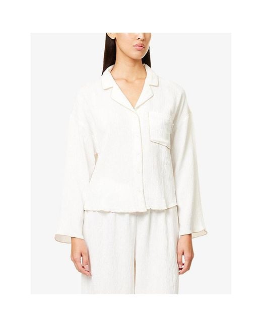 Lounge Underwear White Crinkle Cropped Woven Pyjama Shirt