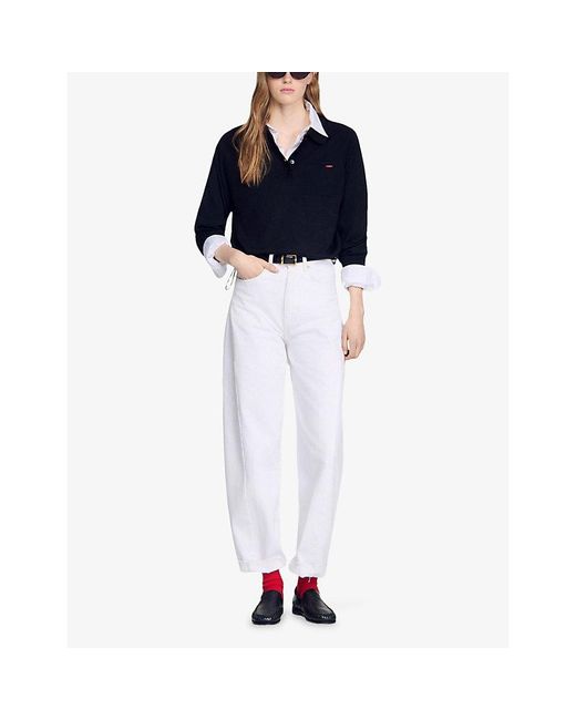 Sandro Black Long-Sleeved Branded Wool-Blend Polo Shirt