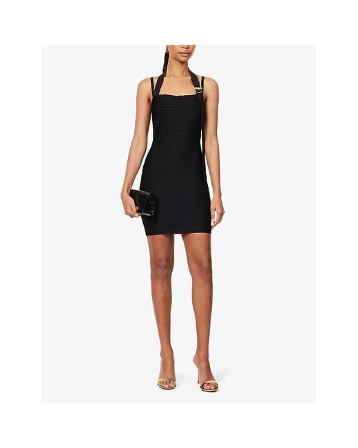 Hervé Léger Black Bandage Adjustable-Strap Stretch-Knitted Mini Dress