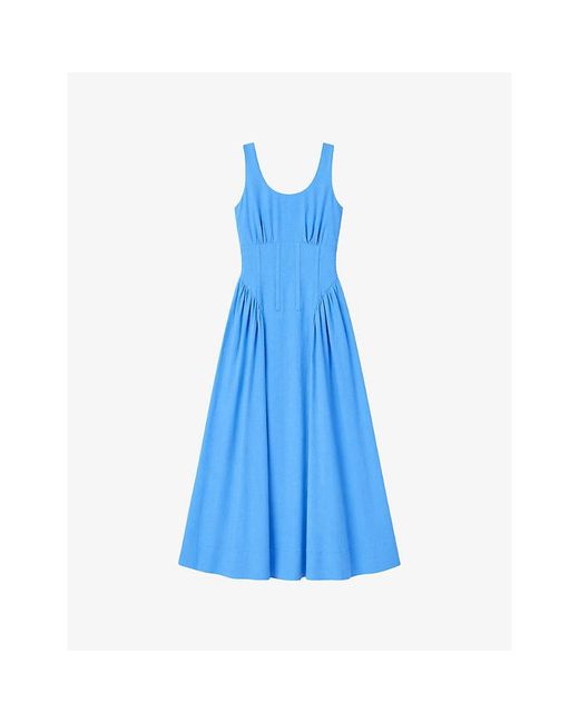 Ro&zo Blue Sleeveless Seam-Detail Linen-Blend Midi Dress