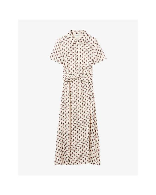 Claudie Pierlot White Floral-Print Short-Sleeved Satin Maxi Dress
