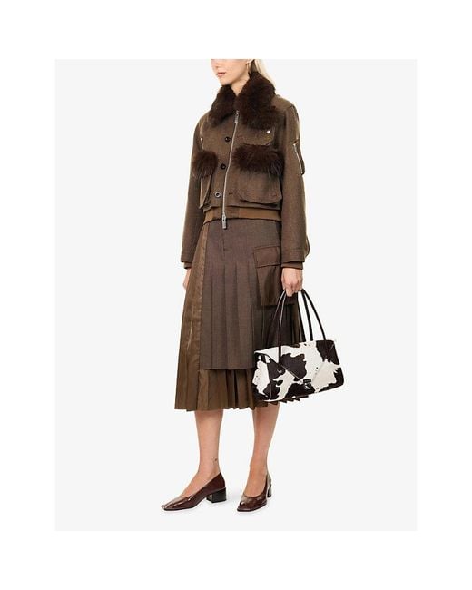 Sacai Brown Faux-Fur Trimmed Wool Jacket