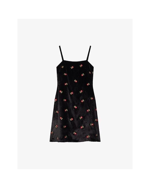 OMNES Black Jules Floral-Embroidered Velvet Mini Dress