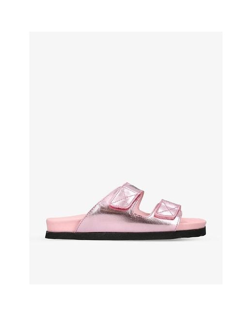 Palm Angels Pink Logo-print Double-strap Metallic-leather Sandals