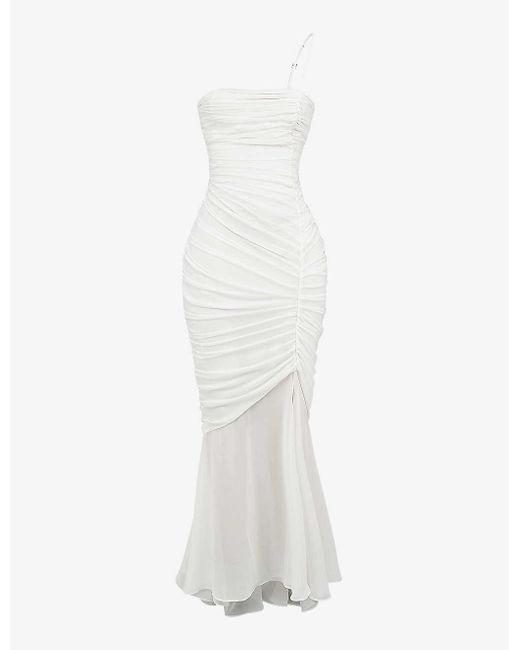 House Of Cb White Pearla Asymmetric-neck Woven Maxi Dress