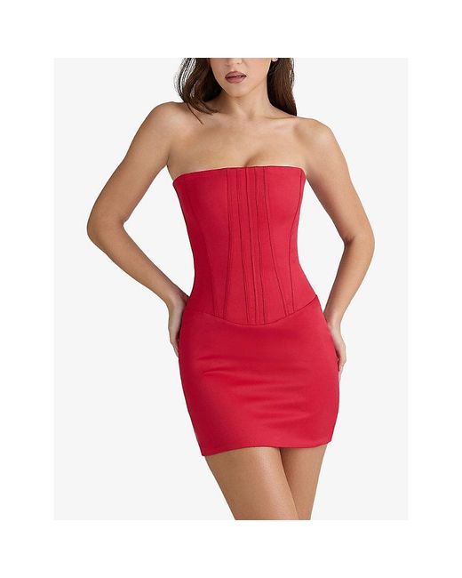 House Of Cb Red Laila Strapless Hourglass Satin Mini Dress