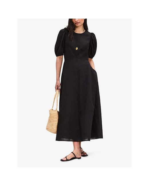 Ro&zo Black Seam-Waist Puff-Sleeve Cotton-Voile Midi Dress