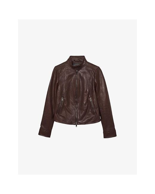 Reiss Brown Astra Stand-Collar Leather Jacket