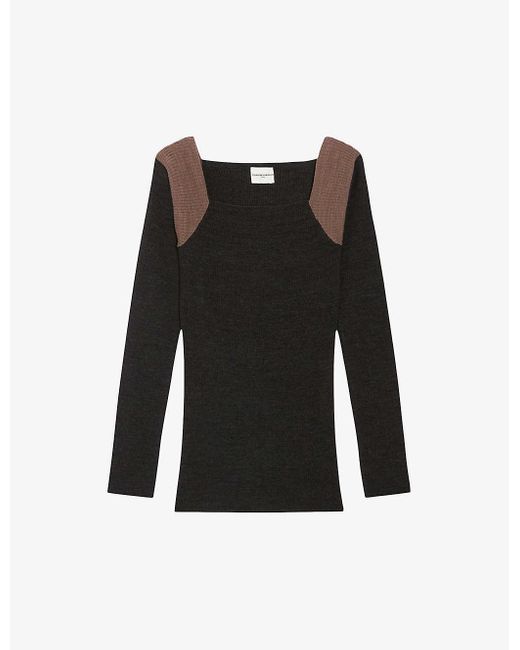 Claudie Pierlot Black Contrast Shoulder-yoke Wool-blend Knitted Top