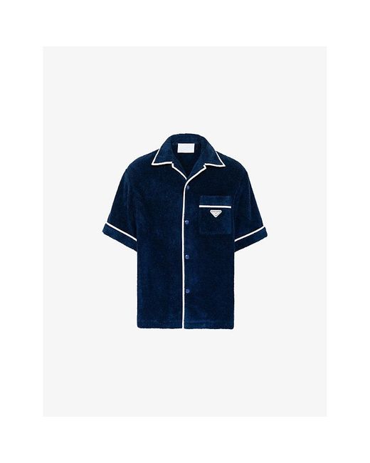 Prada Blue Brand-plaque Cotton Bowling Shirt X for men