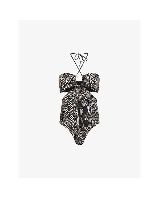 AllSaints Gray Cody Graphic-print Cut-out Stretch-woven Swimsuit