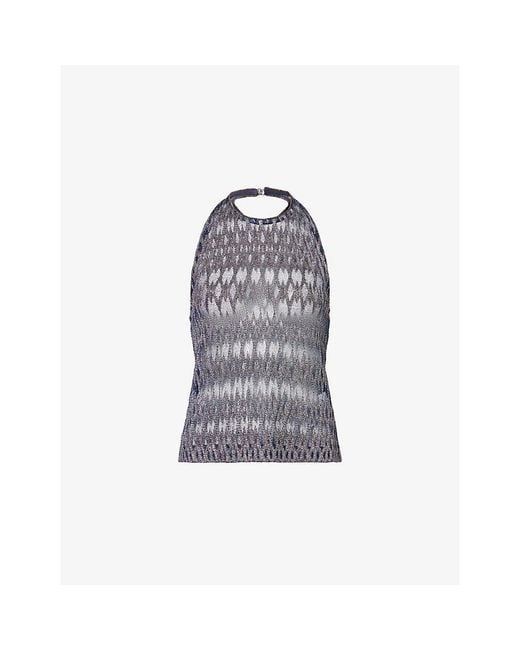 Missoni Blue Chevron Halterneck Metallic-Knit Tank Top