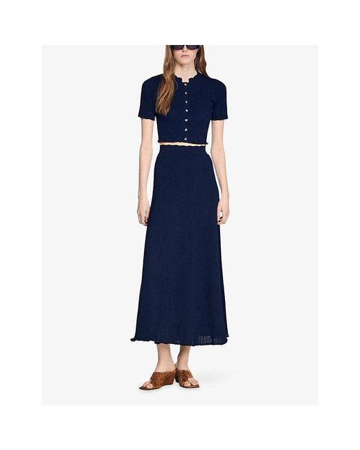 Sandro Blue Cropped Pointelle Knitted Cardigan