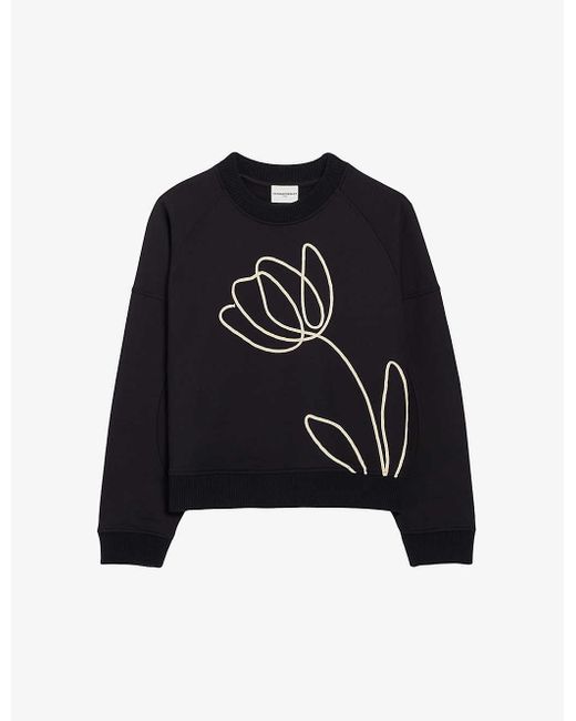 Claudie Pierlot Black Floral-embroidered Cotton Sweatshirt