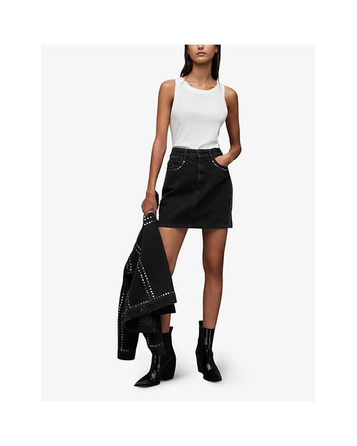 AllSaints Winnie Stud-embellished Denim Mini Skirt in Black | Lyst