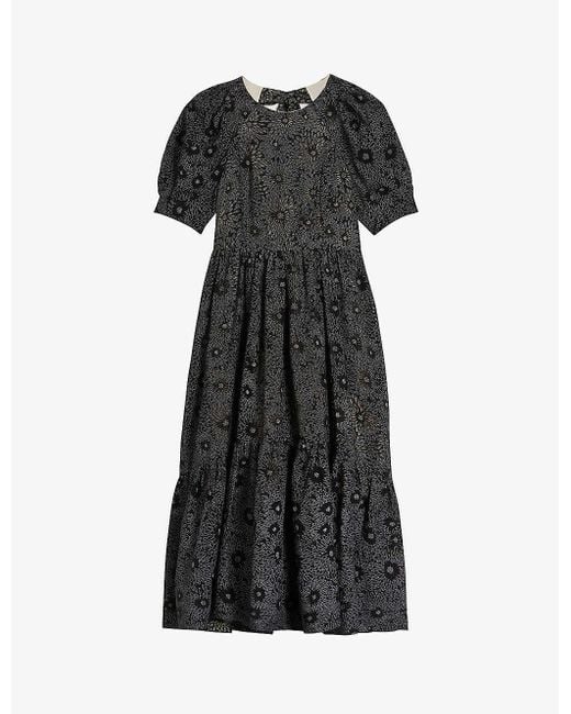Ted Baker Black Meganie Puff-sleeve Floral-print Woven-blend Midi Dress