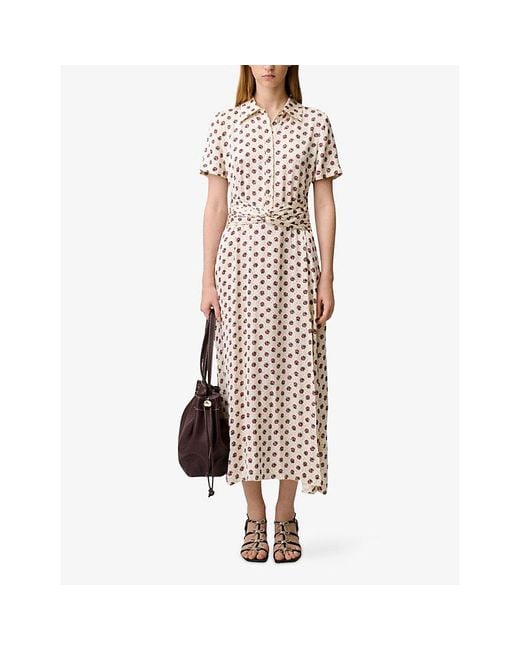 Claudie Pierlot White Floral-Print Short-Sleeved Satin Maxi Dress