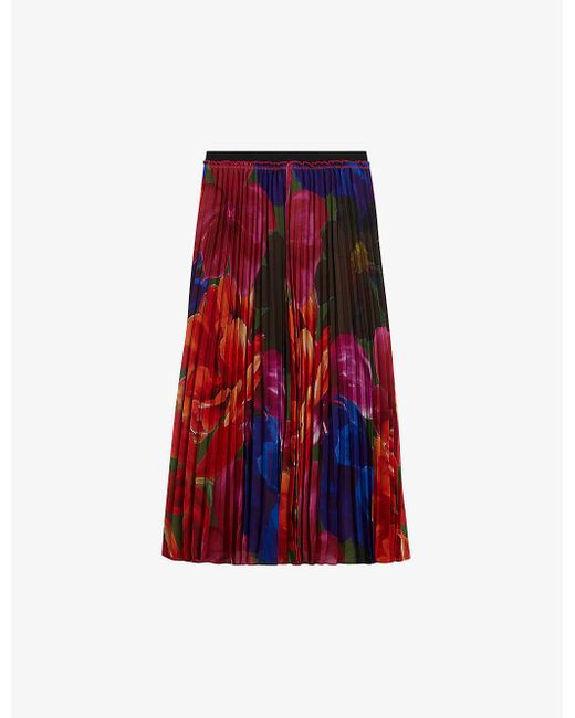 Ted Baker Red Evola Floral-print Pleated Recycled-polyester Midi Skirt