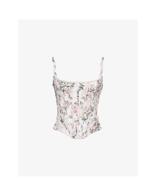 House Of Cb White Cadie Ribbon-Print Cotton Corset Top