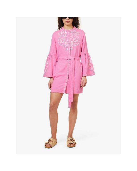 Melissa Odabash Pink Everly Embroidered-front Cotton And Linen-blend Mini Dress