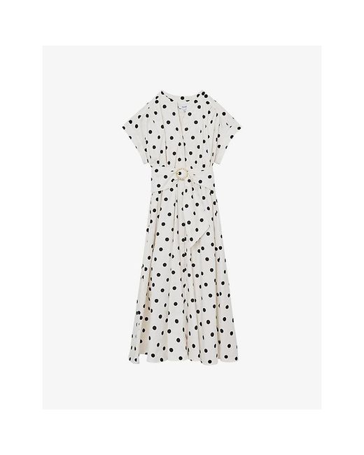 Reiss White Sawyer Polka-Dot Belted Cotton Midi Dress