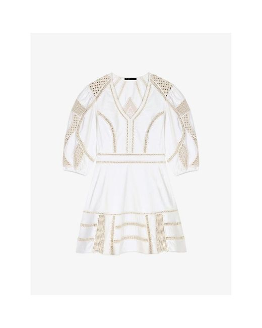 Maje White Crochet-embroidered Flared-skirt Cotton Mini Dress