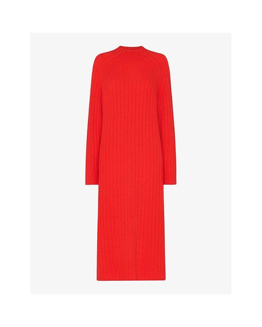 Whistles Red Long-sleeved Ribbed Knitted Midi Dress