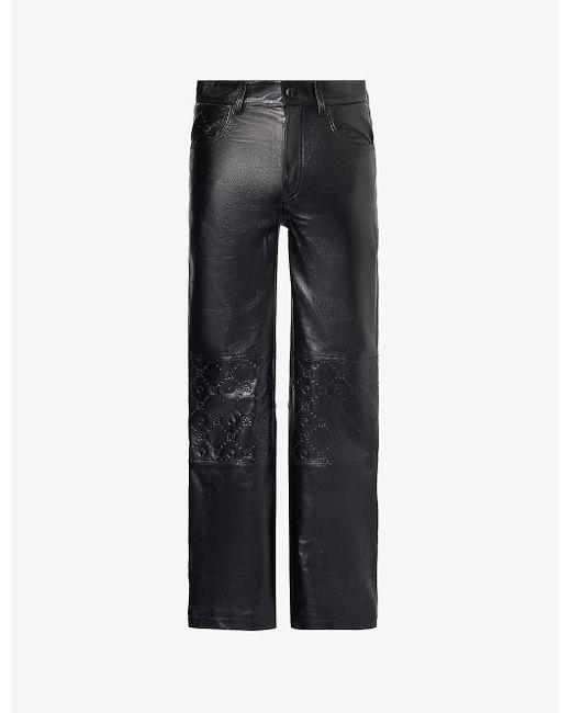 MARINE SERRE Black Brand-plaque Brand-embossed Mid-rise Wide-leg Leather Trousers for men