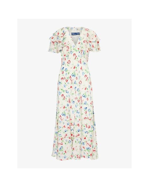 Polo Ralph Lauren Metallic Floral-print Frilled-sleeve Silk Midi Dress