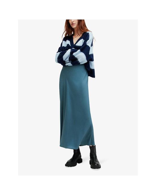 AllSaints Blue Bryony V-neck Bias-cut Recycled-polyester Midi Dress