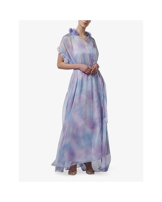 eem Purple Tie-Neck Abstract-Pattern Chiffon Maxi Dress