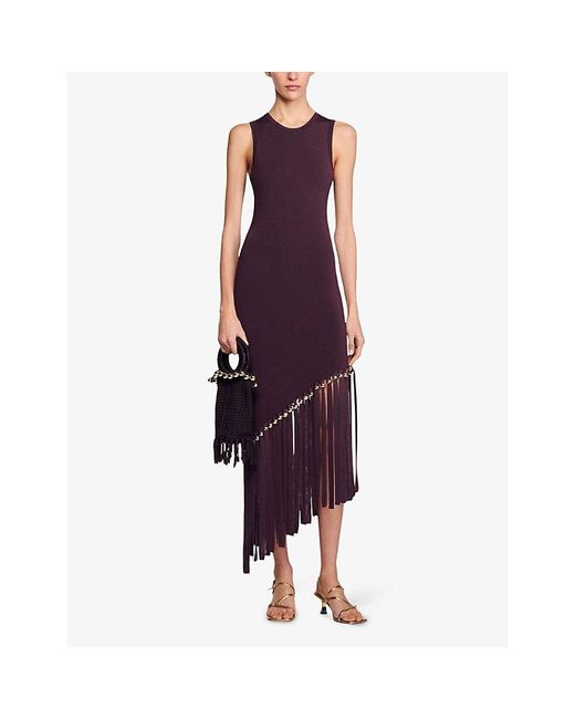 Sandro Brown Sleeveless Fringed-Hem Knitted Midi Dress