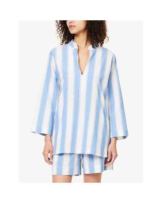 Desmond & Dempsey Blue Stripe-print Boat-collar Stretch-cotton Pyjama Set