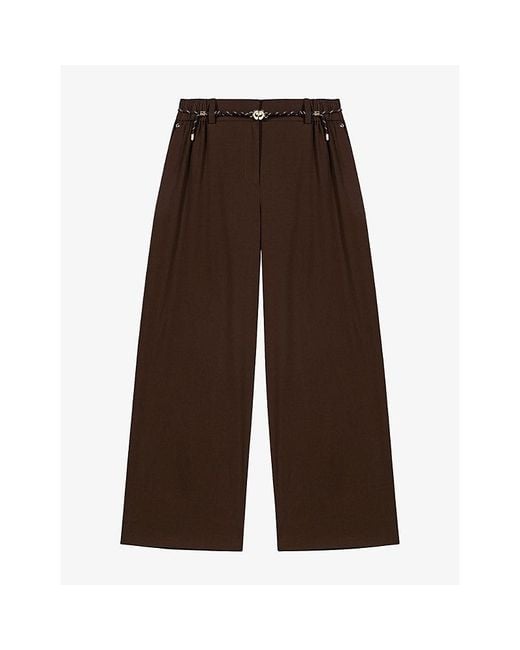 Maje Brown Wide-Leg High-Rise Stretch Cotton-Blend Trousers