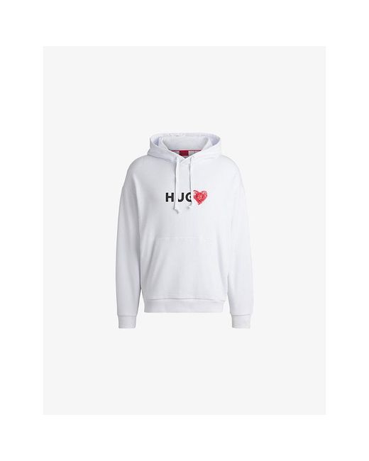 HUGO White Brand-Print Cotton-Jersey Hoody for men