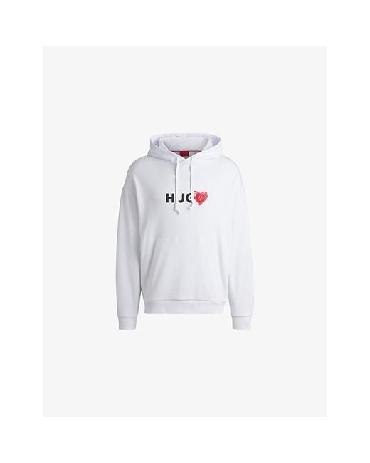 HUGO White Brand-Print Cotton-Jersey Hoody for men