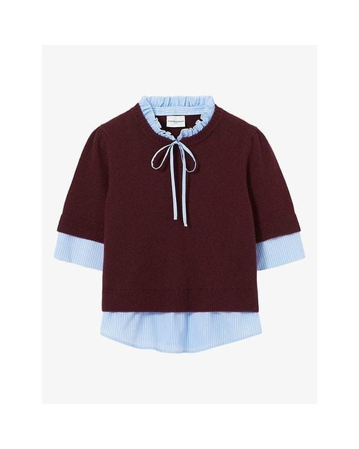 Claudie Pierlot Red Short-Sleeved Striped-Trim Wool Jumper