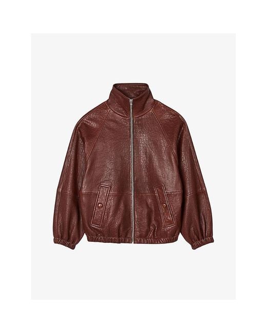 Sandro Brown High-Neck Oversized Leather Jacket