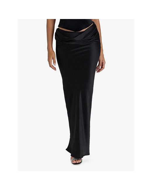House Of Cb Black Beau Satin Draped Maxi Skirt Xs (A-C Cup)