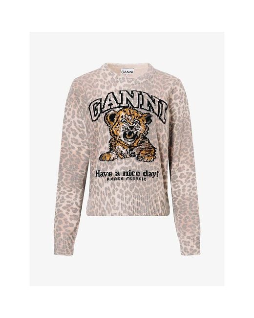 Ganni White Tiger-Print Wool-Blend Jumper